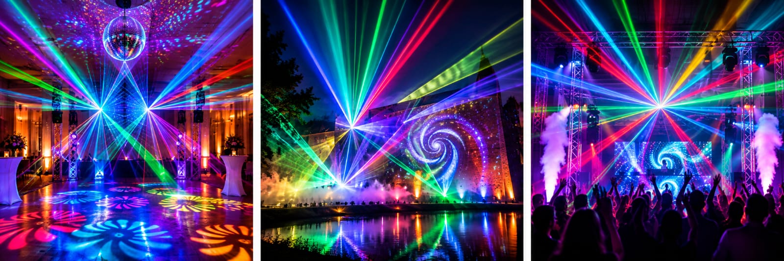 Laser-Show mit farbigen Strahlen über der Tanzfläche, Open-Air-Projektion und Discokugel